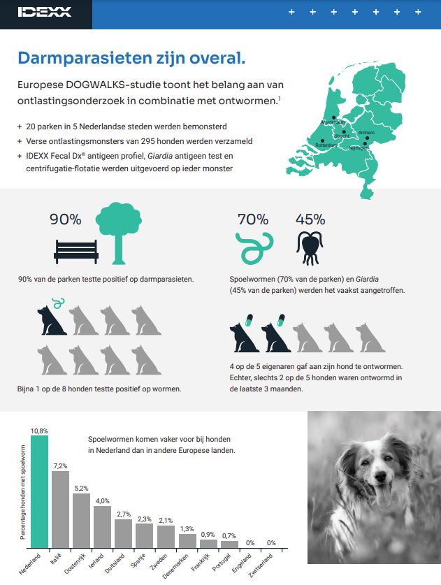 Overzicht van het Idexx onderzoek naar wormbesmettingen in parken in Nederland.