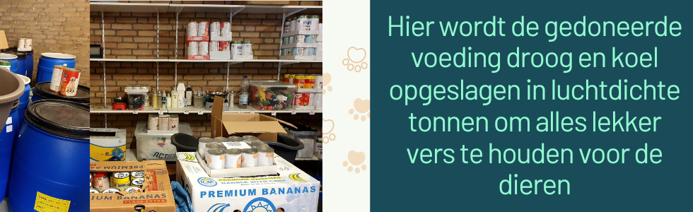 Foto's en tekst van de opslag van voeding bij de dierenvoedselbank in Weert